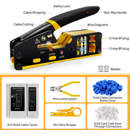 Pass through RJ45 Crimp Tool Kit Ethernet Crimper CAT5 Cat 5E Cat 6 Crimping Tool Kit 3 in 1 - Crimp Cutting Peeling