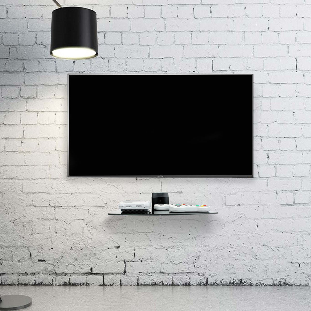 Maison & White Tempered Black Glass Floating Shelf 1 Tier | Integrated Cable Management | 36x25x20.5cm | Holds 10kg | Gaming Console DVD Speaker Router | Fixings Included | 2-Year Warranty