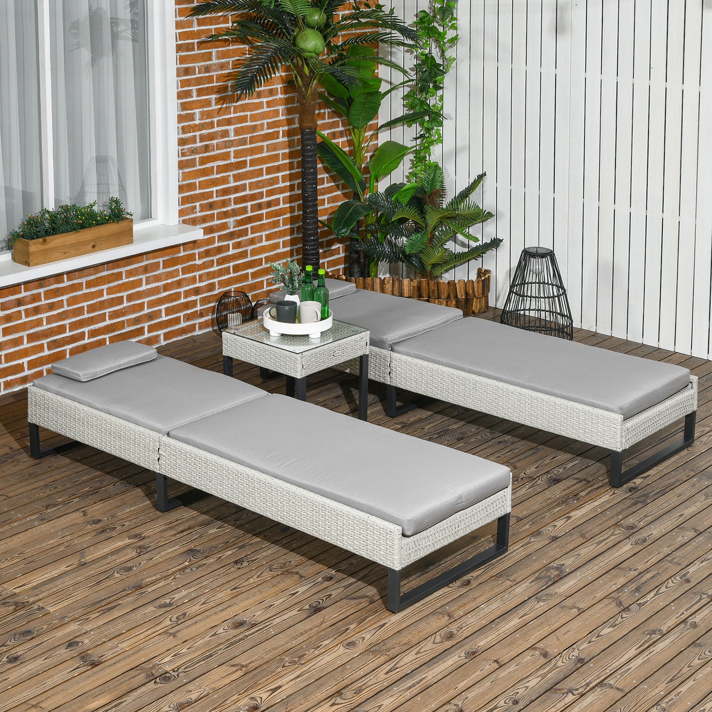 3-piece PE Rattan Patio Sun Lounger Set with Adjustable 5-Position Recline With Cushions, Headrests, Glass Top Square Coffee Table, Light Grey