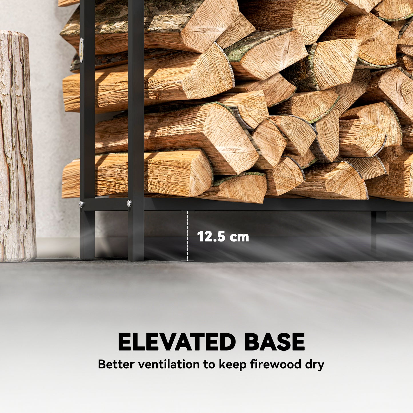 6.5 FT Steel Firewood Log Rack with 300 kg Capacity, Heavy Duty Indoor Outdoor Fireplace Wood Storage Shelf, Log Holder/Stand with Extra Support Legs, Decorative Bonfire Pattern, Black