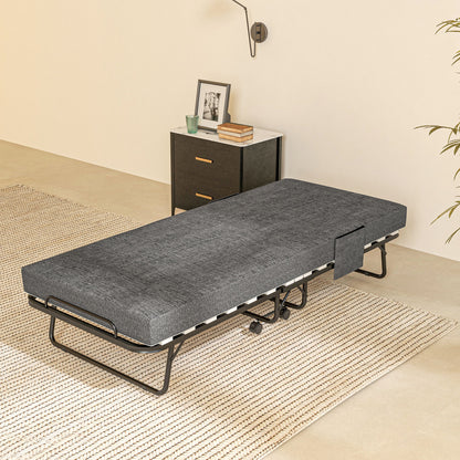 Folding Bed with Mattress, Foldable Guest Bed on Wheels, Portable Single Bed with 10cm Mattress, Side Pockets, Cover, 190 x 80cm, Dark Grey