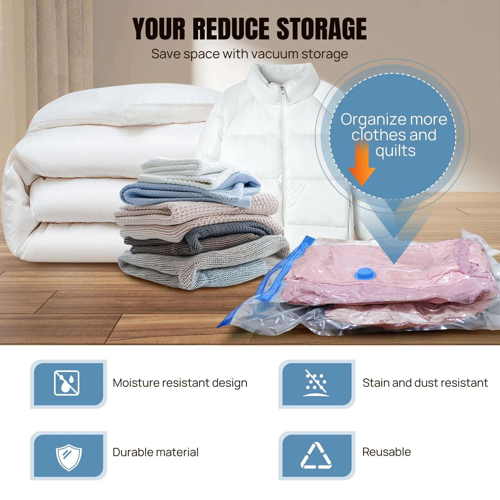 Dayplus Vacuum Storage Bags Wardrobe Organizer 12Pcs Seal Bags save Space for Clothes Pillow Blanket, Manual + Electric Air Pump