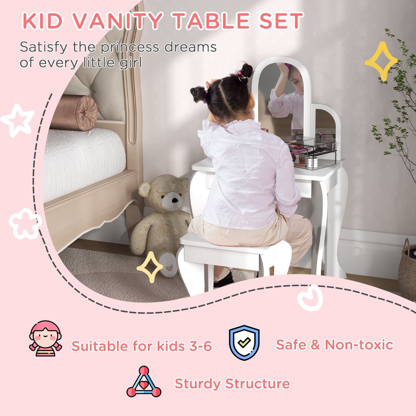 Kids Dressing Table Set, with Mirror and Drawer - White