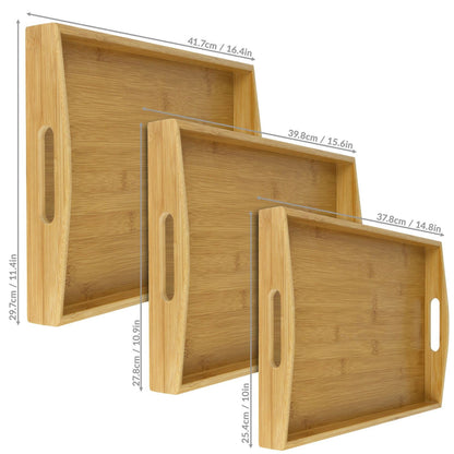 Maison & White Bamboo Serving Trays | Set of 3 Nesting Rectangular Trays | Raised Edges & Carry Handles | Natural Finish