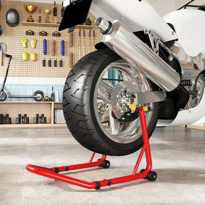 Motorcycle Rear Wheel Stand, 544 kg Capacity Heavy Duty Steel Motorbike Paddock Stand Lift with Adjustable U + L Forks, Wheels, Non-Slip Pads for Workshop Garage Repair, Red