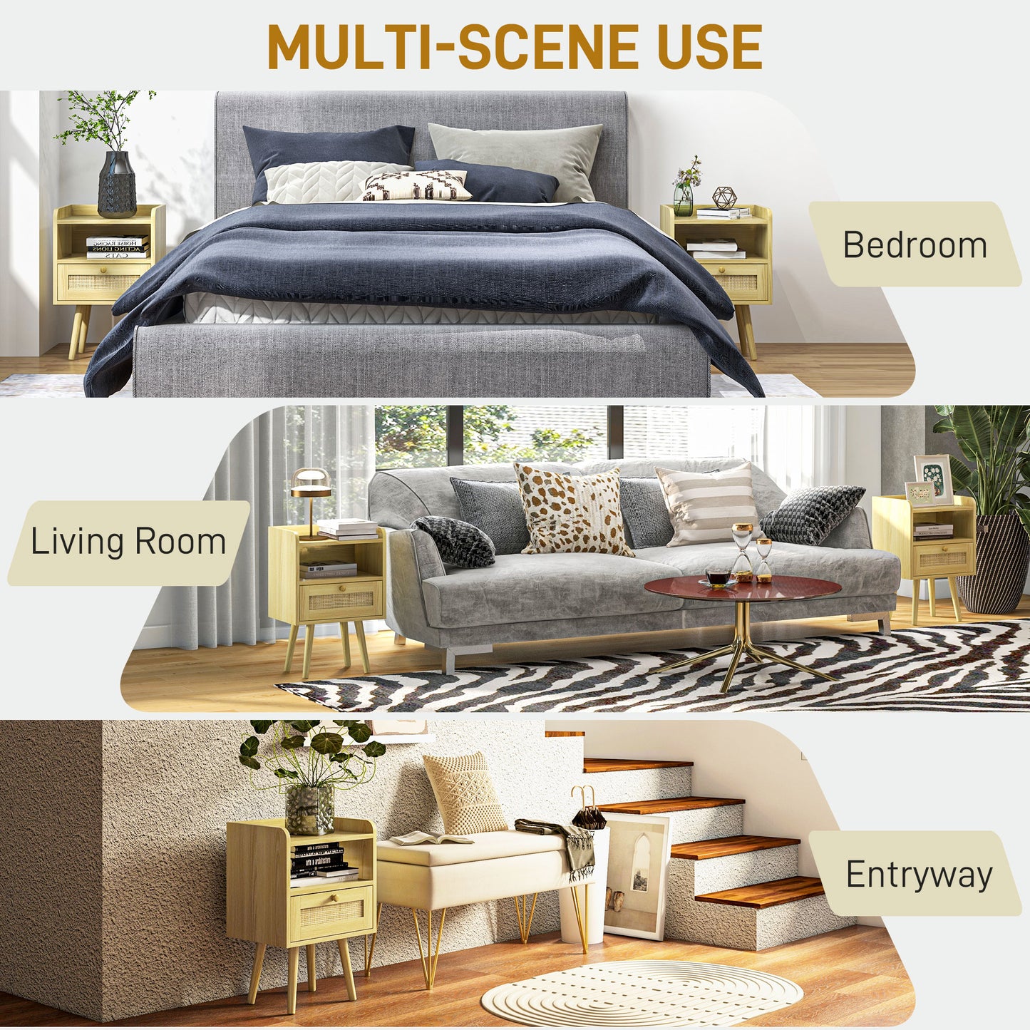 Bedside Table Set of 2, Boho Nightstand with Drawer, Storage Compartment, Natural Wood Finish