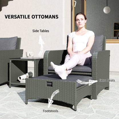 Outsunny Five Piece Rattan Garden Furniture Set with 2-Tier Coffee Table and Ottomans - Grey