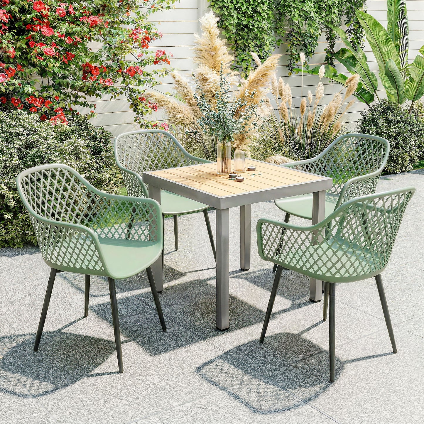 Set of 4 Outdoor Dining Chairs | Diamond Cut-Out Back | Wraparound Armrests | UV-Resistant PP Seat | Powder-Coated Metal Legs | 120kg Capacity | Indoor & Outdoor | 56 x 51 x 84cm | Green