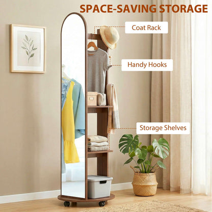 2-in-1 Full-Length Floor Mirror with Hidden Back Storage Shelves | Coat Rack & Hooks | 4 Lockable Wheels | Shatter-Resistant Tempered Glass | 50x50x167cm | Brown Wood Effect