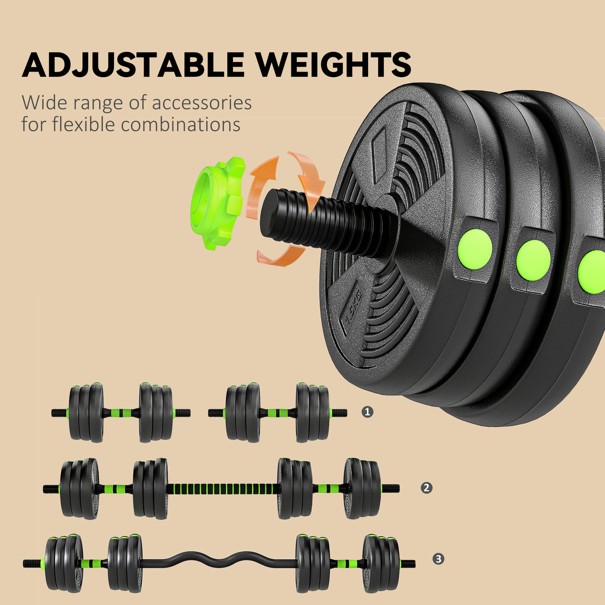 SPORTNOW 3-in-1 Adjustable Dumbbell Barbell & EZ Curl Bar Set | Black & Green | 15kg 20kg 25kg | Sand-Filled PVC Plates | Spinlock Collars | Non-Slip Handles | 2.5cm Hole | Home Gym