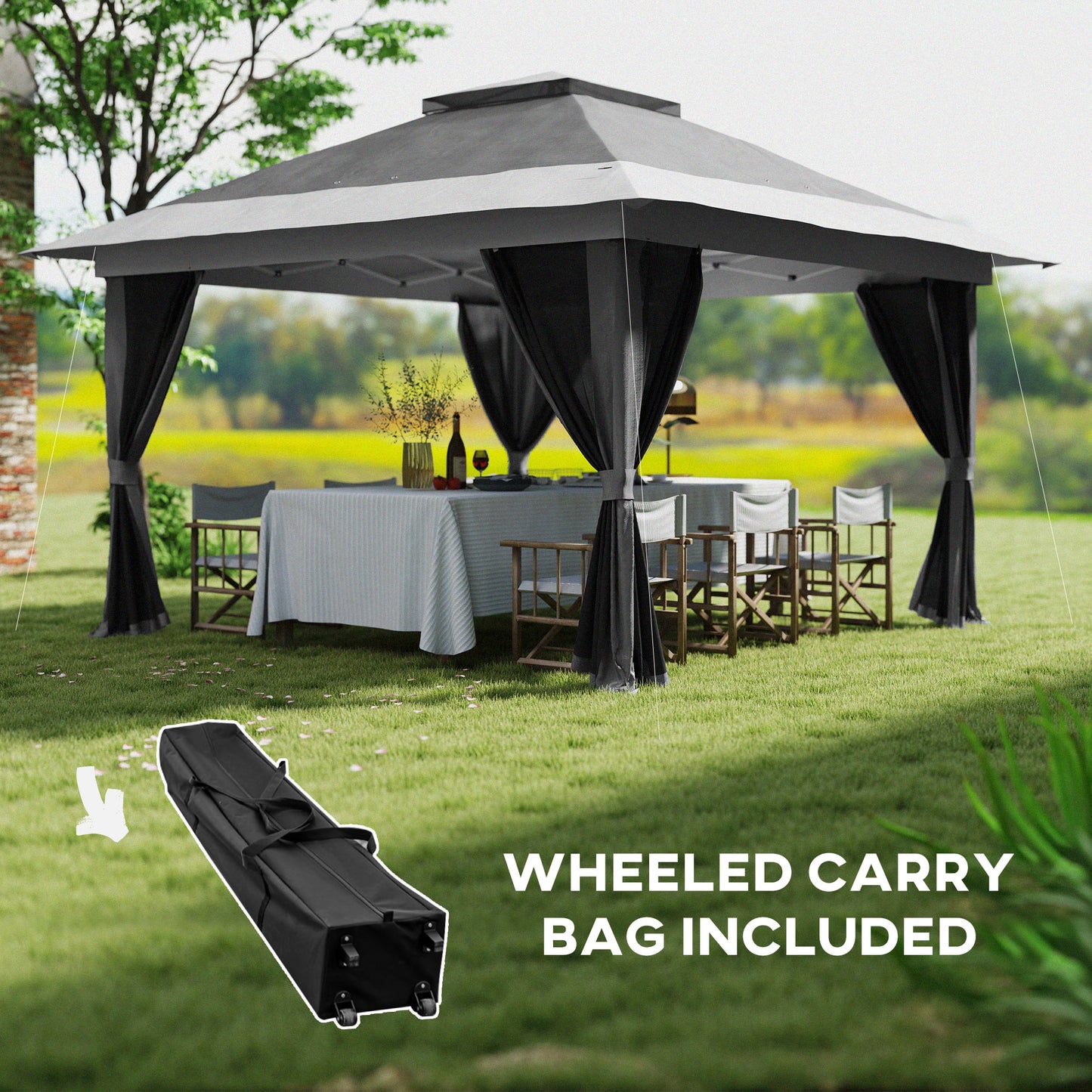 3.6x3.6m Pop Up Gazebo | UPF50+ Canopy | Removable Mesh Walls | 8 Drainage Holes | 3 Height Settings | Windproof Level 4-5 | Snow Rated | Sandbags Guy Ropes Ground Stakes | Wheeled Bag | Shades 8-12 People | Grey