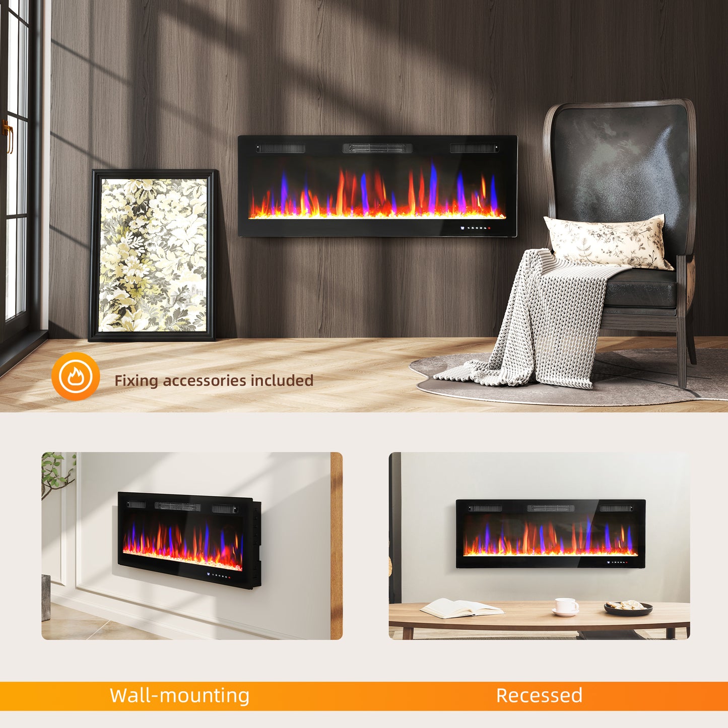 50" Ultra-Slim Electric Fireplace, Wall Mounted and Recessed, 900W/1800W