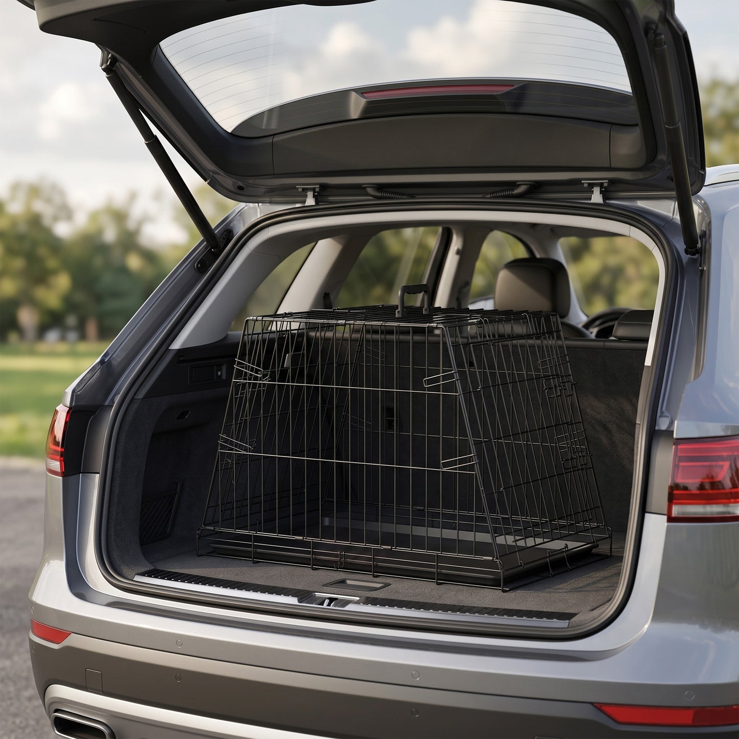 Collapsible Car Dog Crate | Slanted Boot-Fit Design | Removable Tray | Secure Latch | 76 x 48 x 53cm | Small Dogs | Black