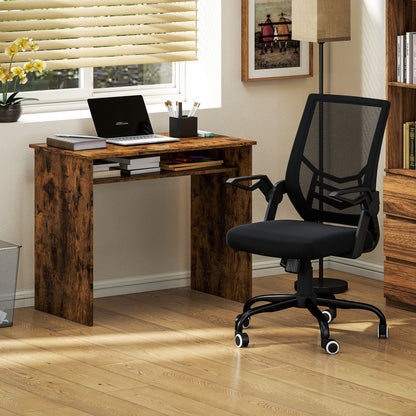 Home Office Furniture Set | Computer Desk with Storage Shelf | Ergonomic Mesh Chair | Flip-Up Armrests | Lumbar Support | Adjustable Height | Rustic Brown & Black