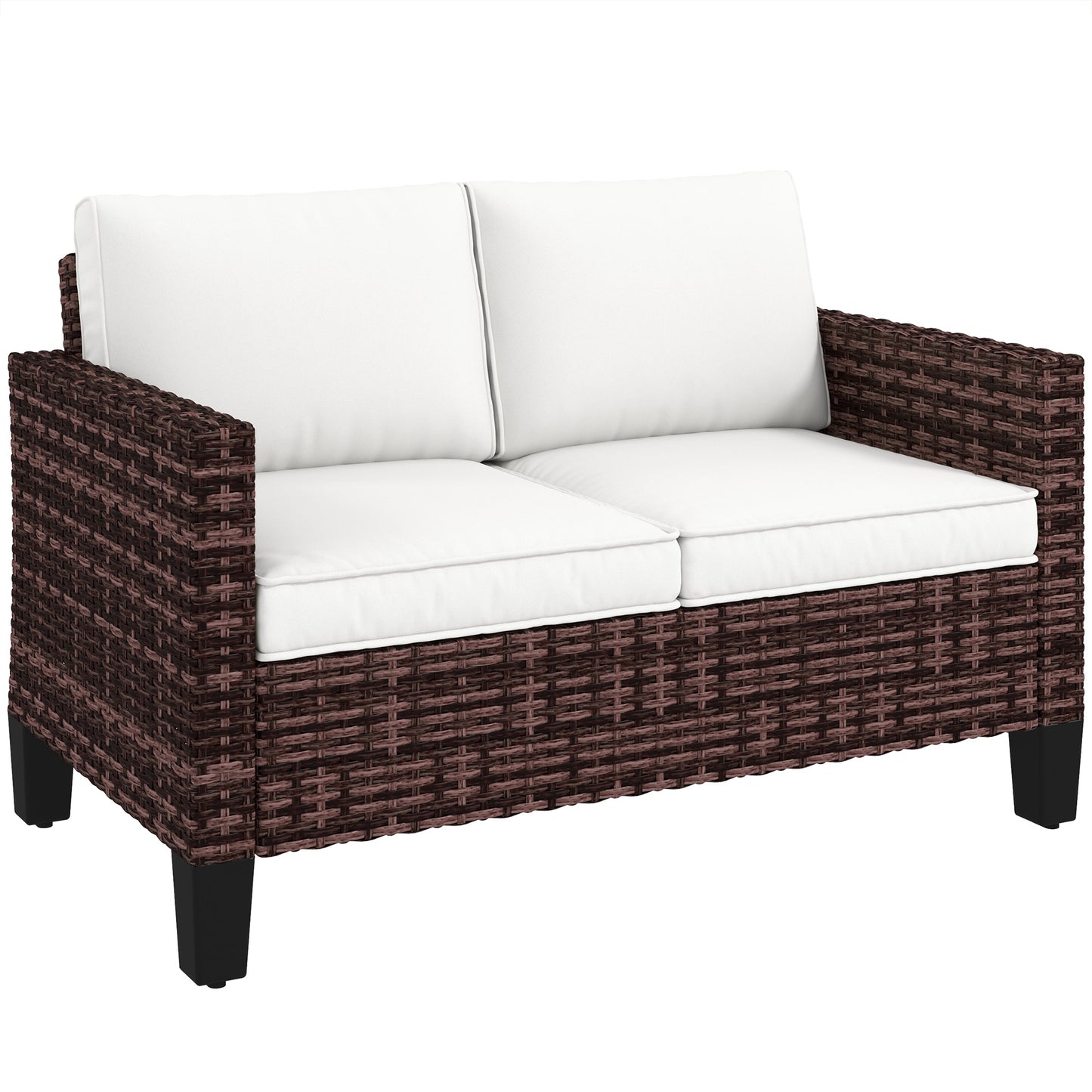 2-Seater Rattan Outdoor Sofa | 8cm Washable Cushions | Galvanised Steel Frame | Adjustable Feet | 240kg | Brown Rattan & Cream Cushions