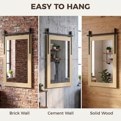 Farmhouse Wall Mirror | 110H x 66W cm Rectangle | Decorative Barn-Door Detail & Tempered Glass | White Oak or Dark Brown