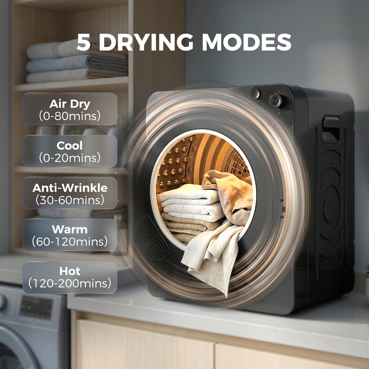 Compact Vented Tumble Dryer | 5kg | 1000W | 5 Drying Modes | Stainless Steel Drum | Stackable | 54dB | Black