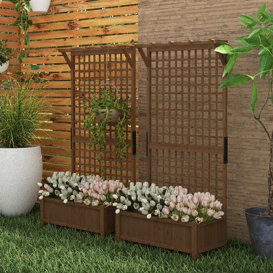 Outsunny 2 Piece Raised Bed with Drainage Holes, Wood Planter with Trellis for Climbing Plants to Grow Vegetables, Flowers, Brown