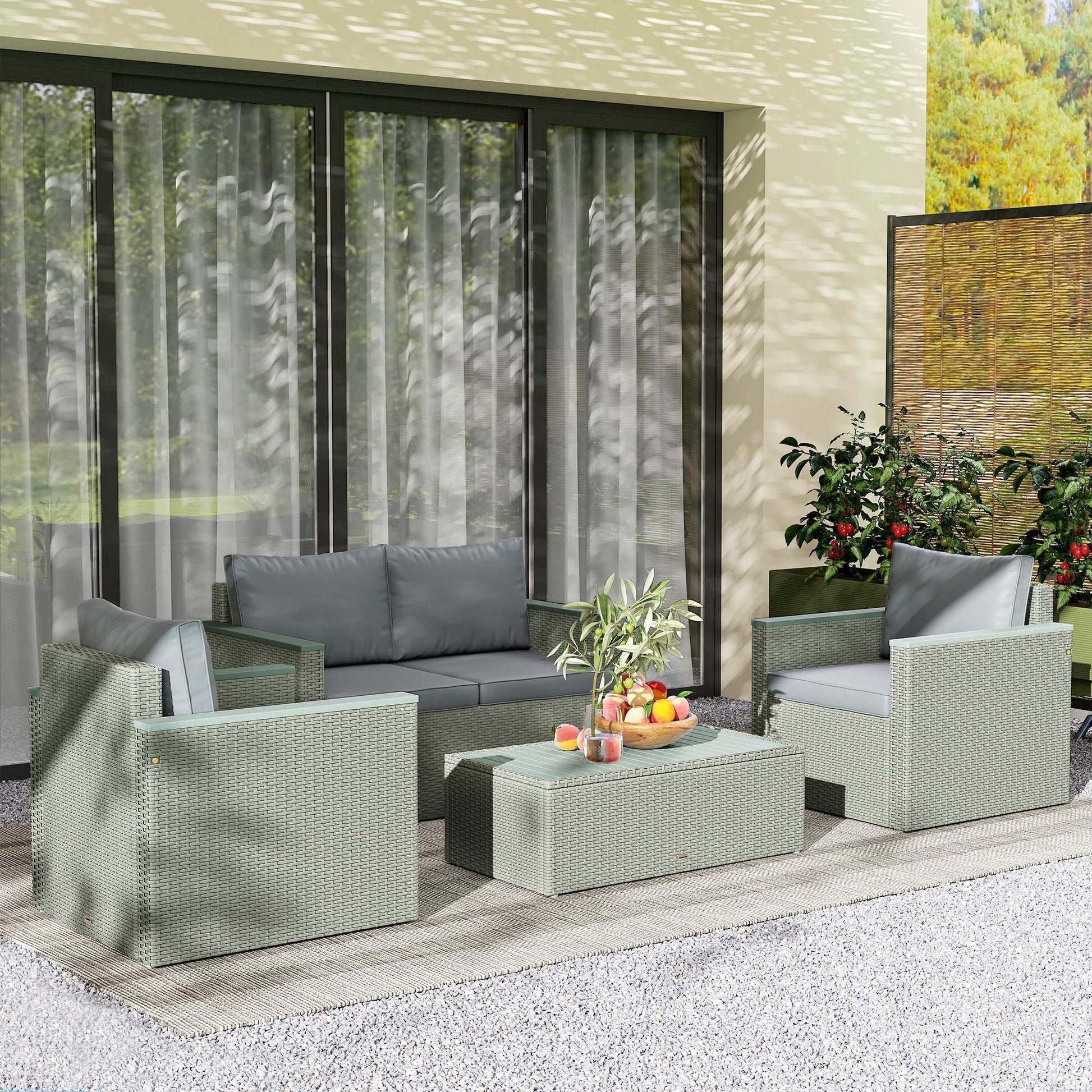4 Piece Rattan Garden Furniture Set, 4 Seater Wicker Outdoor Sofa Set with 2 Armchairs, Loveseat, Acacia Wood Top Coffee Table - Grey