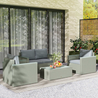 4 Piece Rattan Garden Furniture Set, 4 Seater Wicker Outdoor Sofa Set with 2 Armchairs, Loveseat, Acacia Wood Top Coffee Table - Grey