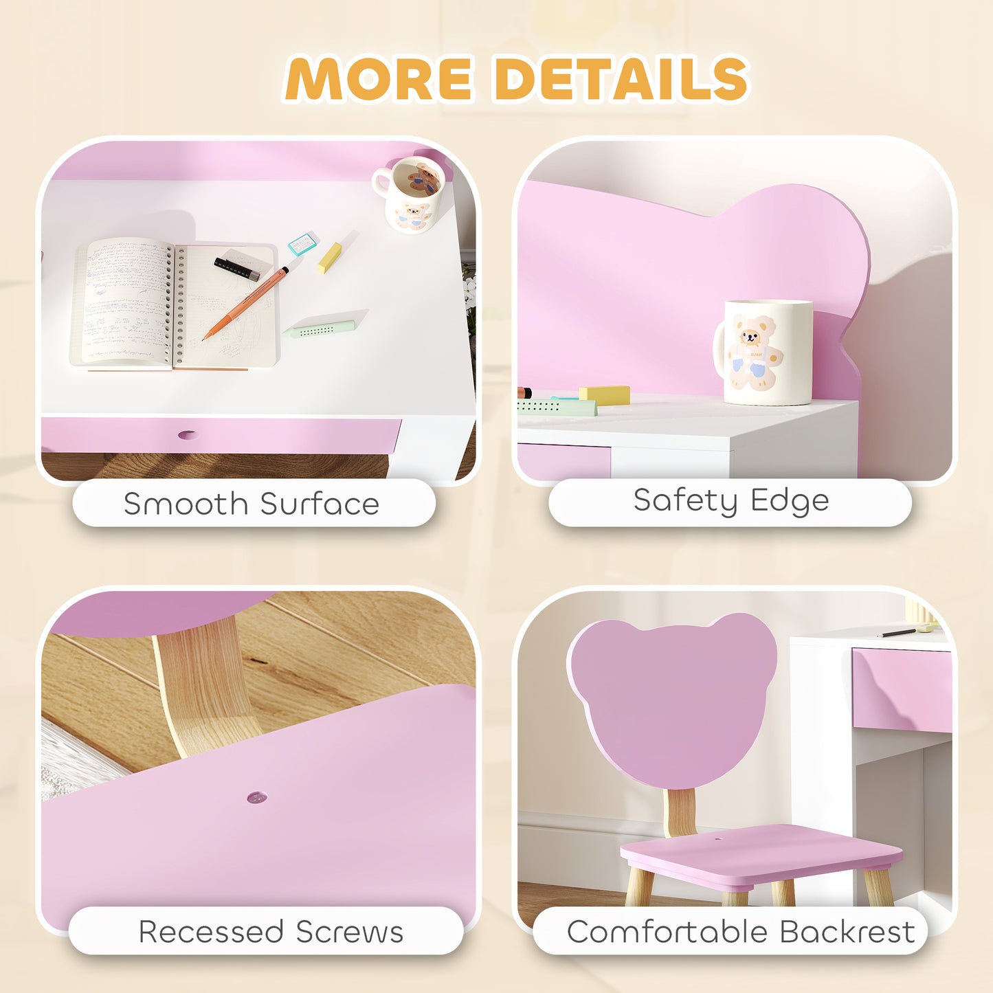 Kids Desk & Chair Set with Drawer – Bear Theme, Easy-Clean Surface, 80cm Desk, For Drawing, Reading & Crafts, Ages 3–8 – Pink