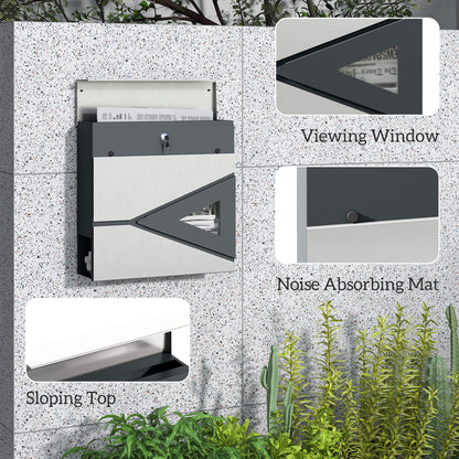 Wall Mounted Post Box with Viewing Window, 2 Lock, Modern Galvanised Steel Mailbox with Copper Core, Weatherproof Letterbox - Silver