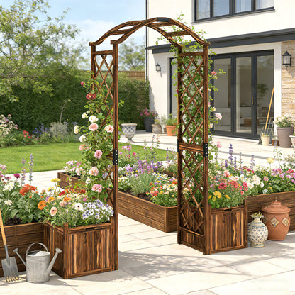 Wooden Garden Arch with 2 Planter Boxes | Trellis for Climbing Vines & Roses | Carbonised Fir Wood | Water Lacquer Finish | 25kg Capacity | 170.5x42x200cm | Carbonised