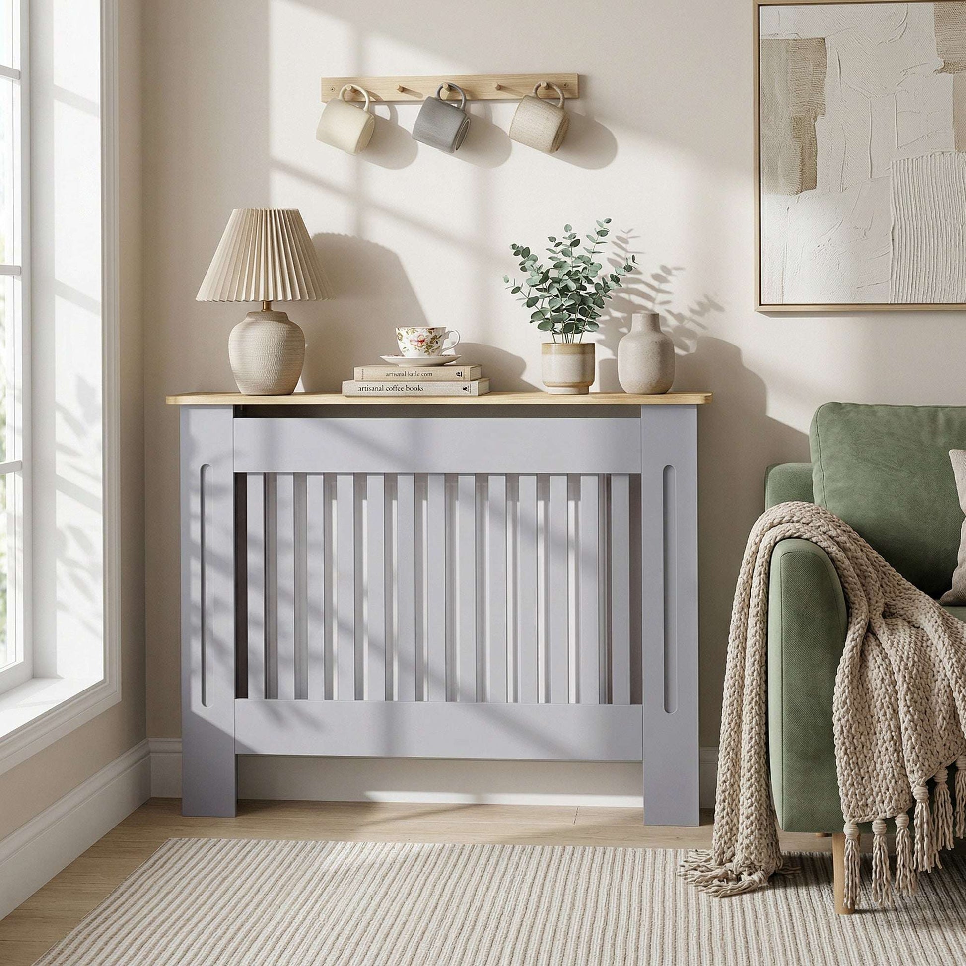 MDF Radiator Cover | Slatted Line Grill Design | Display Top | Wall Mountable | Fittings Included | Lightweight 9kg | 112x19x81cm | Grey