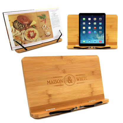 Bamboo Recipe Book Stand | Adjustable & Foldable | 2 Metal Page Holders | Tablet Rest | Water-Resistant | 33.5x24x4.4cm | 2-Year Warranty