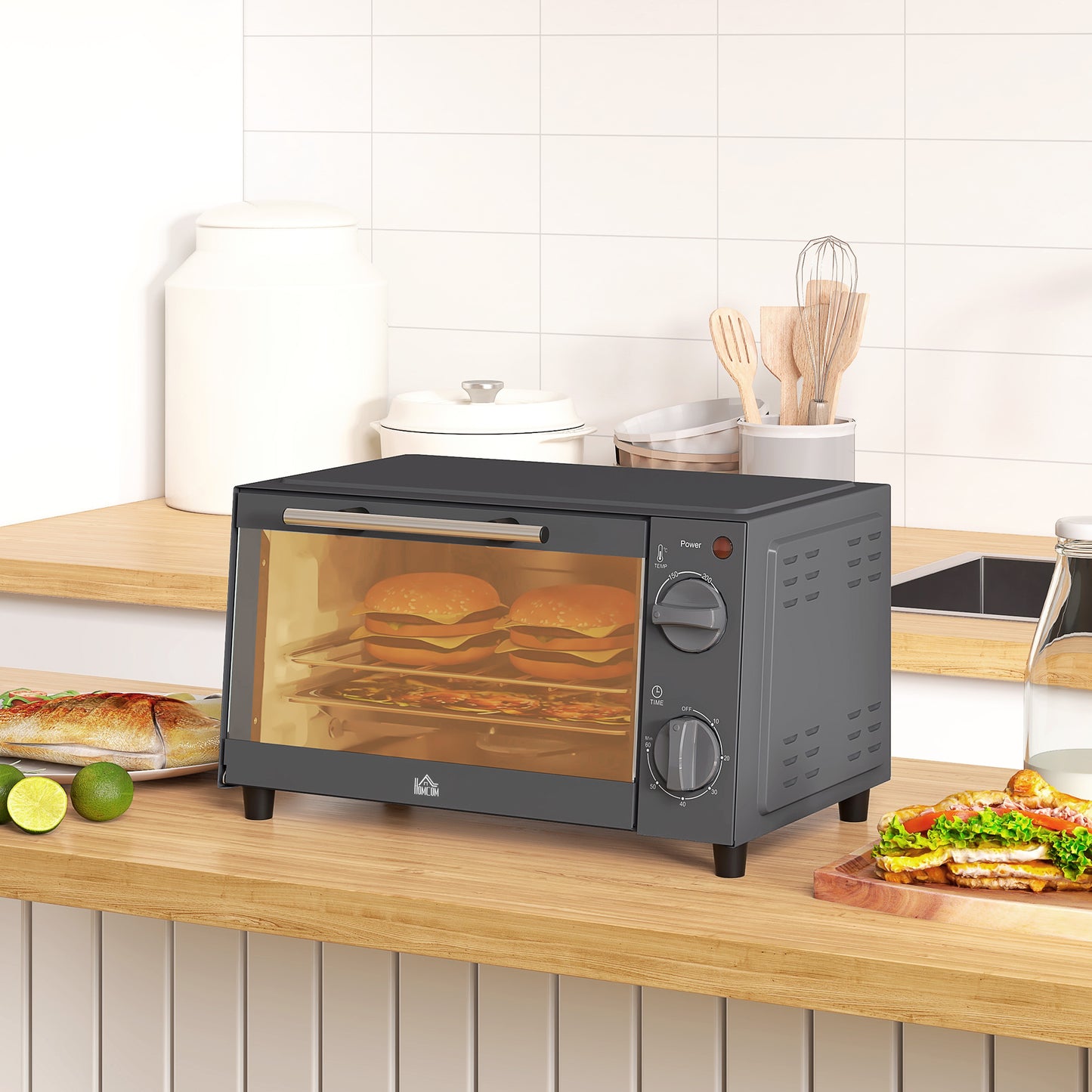 Mini Oven, 9L Countertop Electric Grill, Toaster Oven with Adjustable Temperature, Timer, Baking Tray and Wire Rack, 750W, Grey