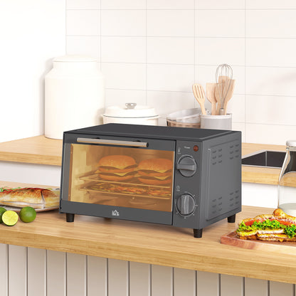 Mini Oven, 9L Countertop Electric Grill, Toaster Oven with Adjustable Temperature, Timer, Baking Tray and Wire Rack, 750W, Grey