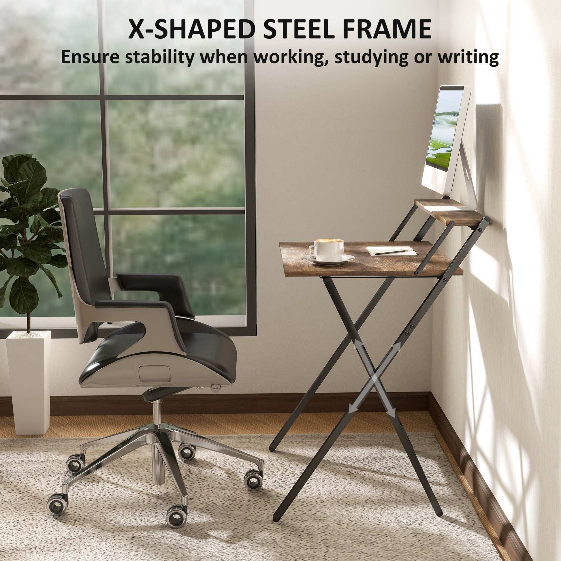 70 cm Folding Computer Desk with Monitor Shelf - Rustic Brown