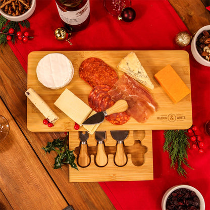 Maison & White Bamboo Cheese Board | 40cm Serving Platter with Hidden Drawer | 3 Cheese Knives & Fork | Charcuterie & Entertaining Set