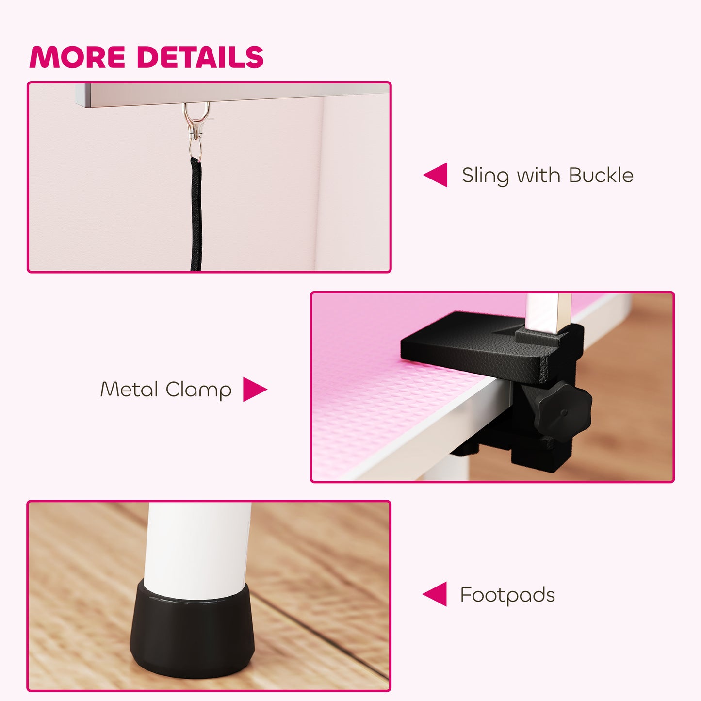 Foldable Dog Grooming Table | Non-Slip Rubber Top | Adjustable Arm 20-60cm | 20kg | Pink