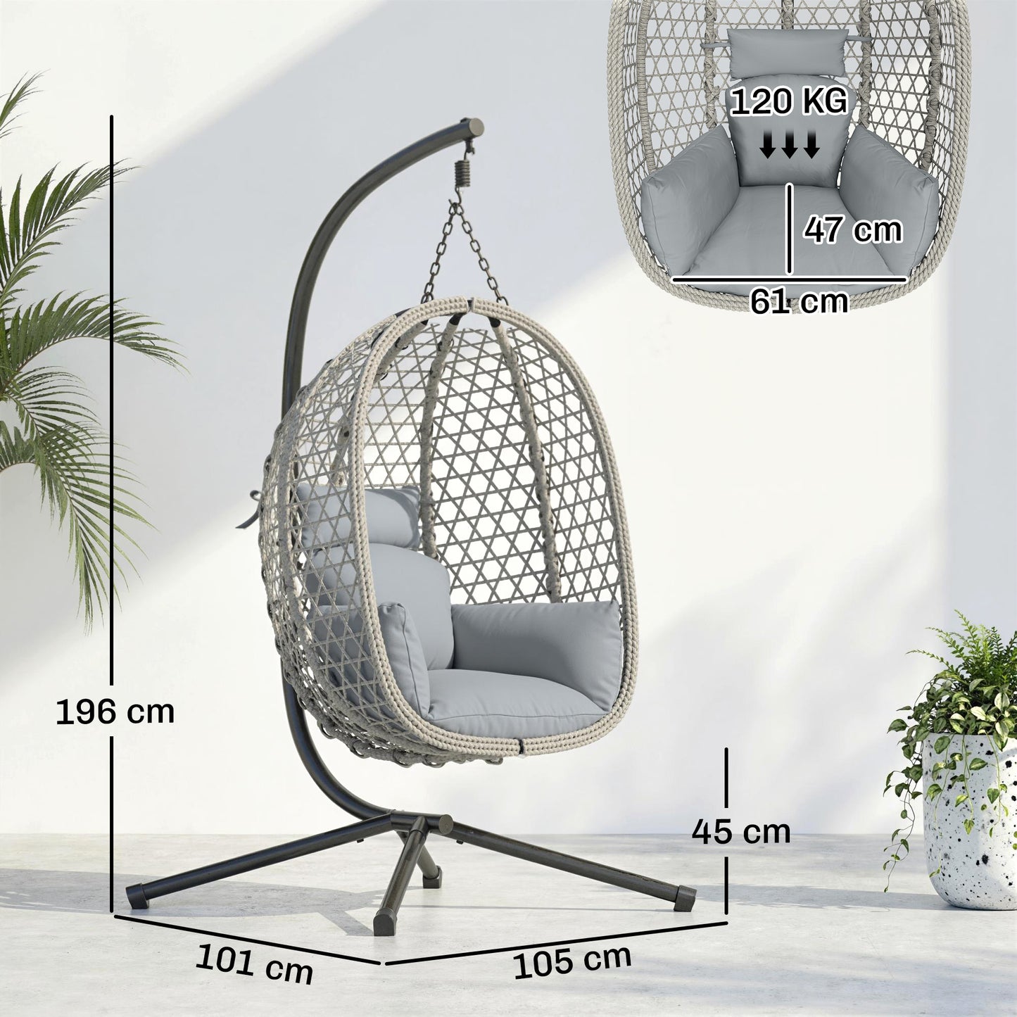Hanging Egg Chair with Stand | PE Rattan | 15cm Cushion & Headrest | Safety Strap | Foldable Basket | 120kg | Light Grey
