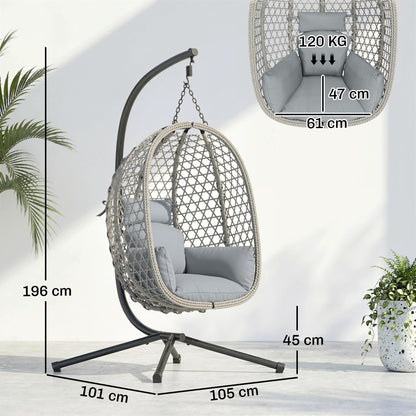 Hanging Egg Chair with Stand | PE Rattan | 15cm Cushion & Headrest | Safety Strap | Foldable Basket | 120kg | Light Grey