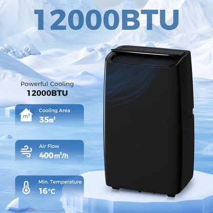 Portable Air Conditioner | 12000 BTU | 4-in-1 Cool Dehumidify Fan Sleep | 18-35m² | A Energy Rated | 24hr Timer | Remote Control | Black