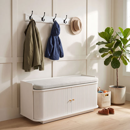 2-Piece Hallway Set | Shoe Bench 100x40x47.5cm 140kg Seat | Tambour Door | 2 Adjustable Shelves | Wall Coat Rack 80cm | 5 Alloy Hooks 10kg | 2 Wall Anchors | MDF | Entryway | White