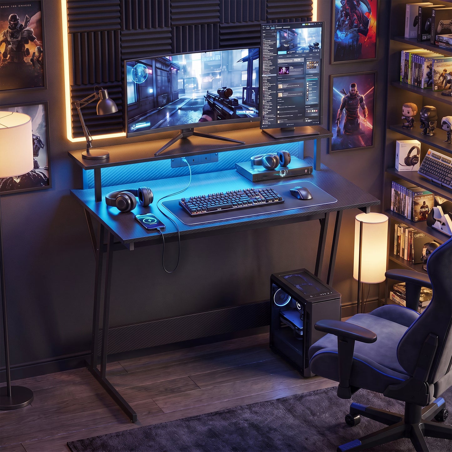 RGB LED Gaming Desk | 16 Colours & 4 Modes | 2 Power Outlets | USB & USB-C | 15cm Monitor Shelf | Z-Frame | 80kg | 100x60x88.5cm | Black