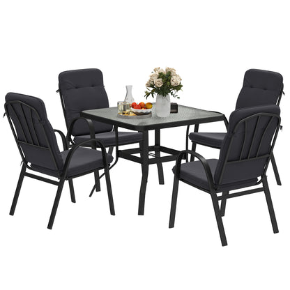 Outsunny 5 Piece Outdoor Square Garden Dining Set w/ Tempered Glass Dining Table 4 Cushioned Armchairs, Umbrella Hole, Black