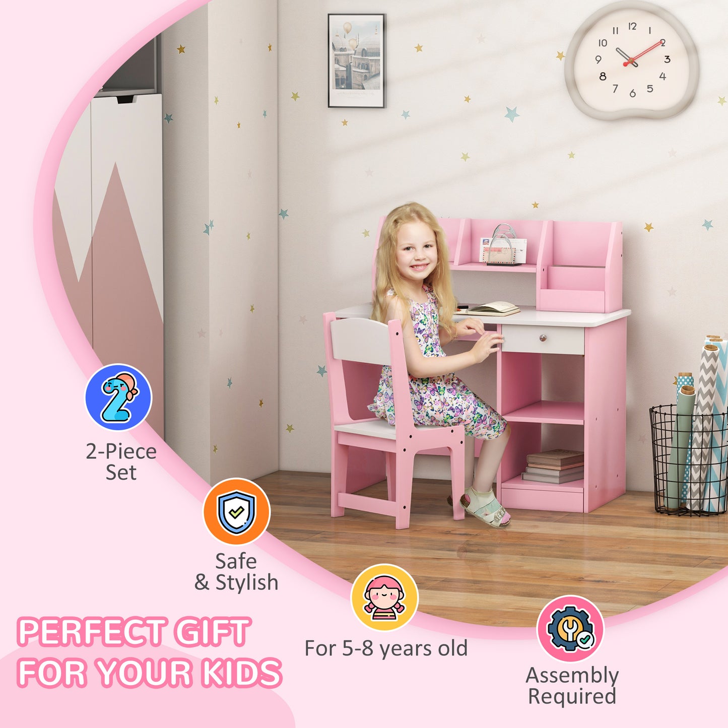 ZONEKIZ Two-Piece Kids Desk and Chair Set with Storage, for Ages 5-8 Years - Pink / Grey