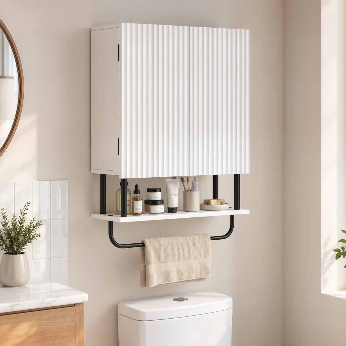 Bathroom Wall Cabinet | Double Doors | Open Shelf & Towel Rail | Wavy Door Style | Humidity-Resistant Painted MDF | 49 x 18 x 66cm | 30kg Capacity | Space-Saving Wall-Mounted | White