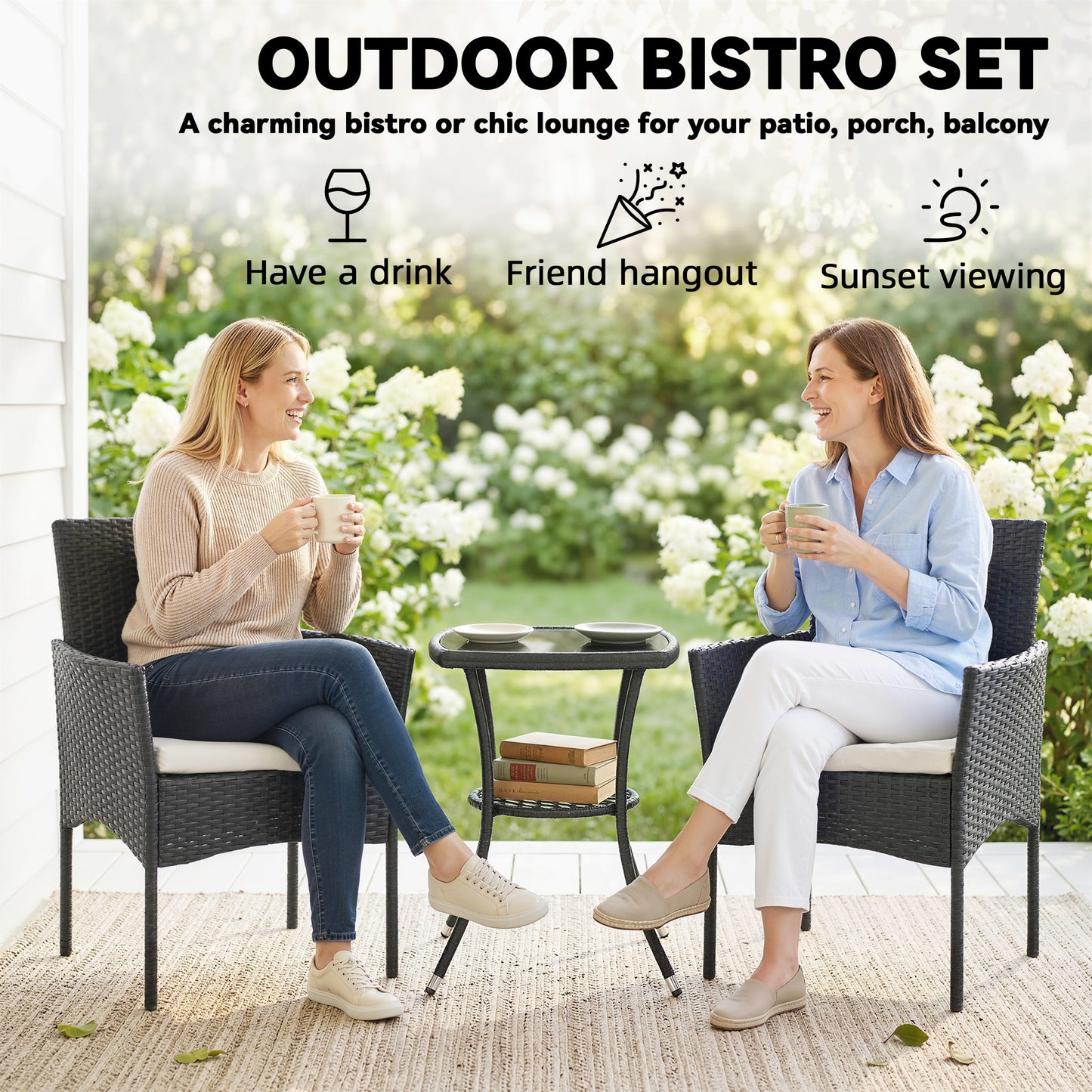 3 Piece Rattan Bistro Set | 2 Cushioned Armchairs | 2-Tier Tempered Glass Table | PE Wicker | Steel Frame | 120kg | Cream White & Black