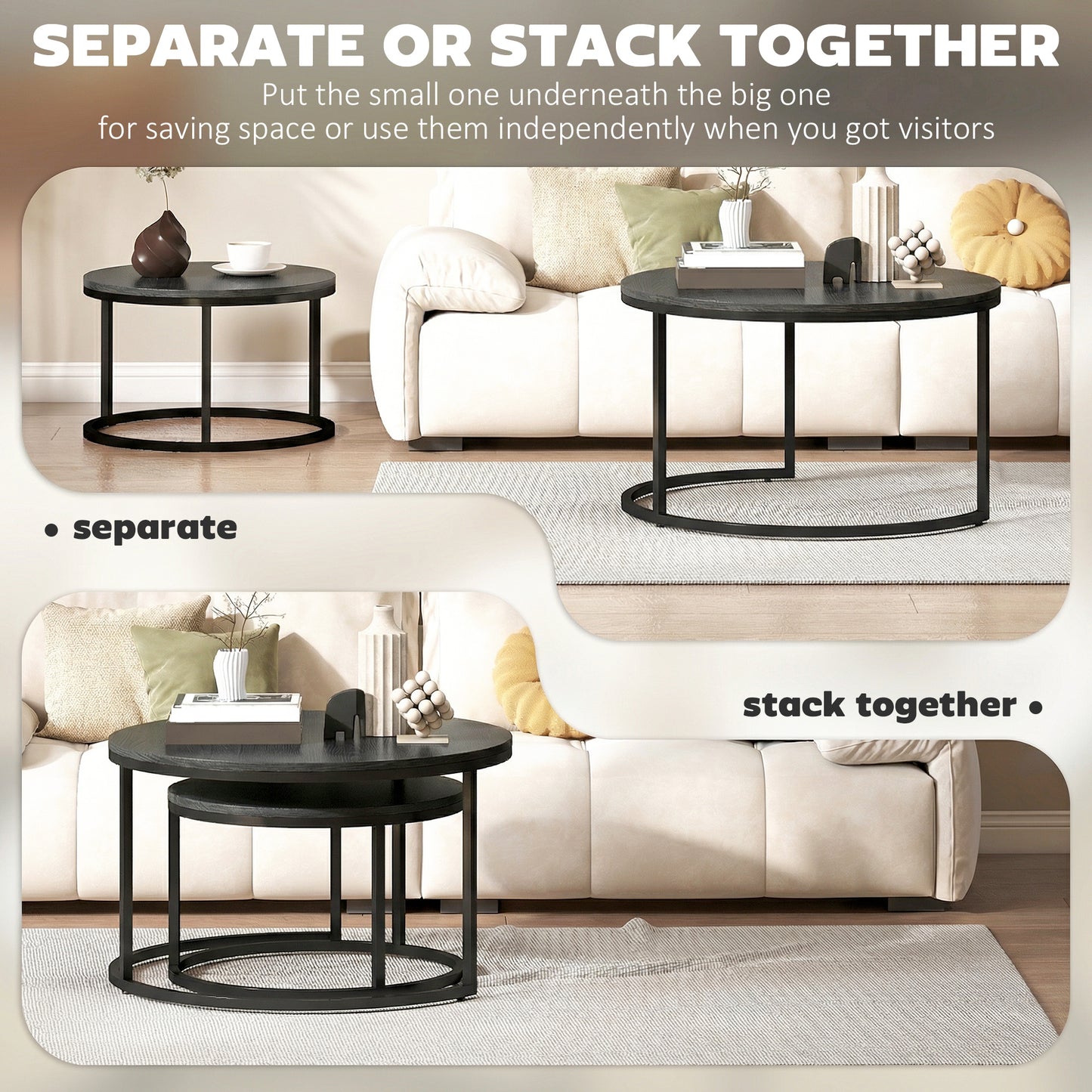 Set of 2 Round Nesting Coffee Tables | Wood-Effect MDF Top | Steel Frame | 50kg | Black Wood Grain