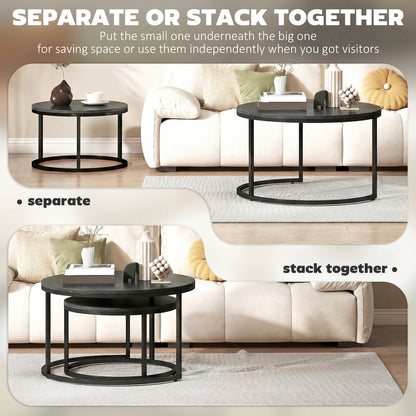 Set of 2 Round Nesting Coffee Tables | Wood-Effect MDF Top | Steel Frame | 50kg | Black Wood Grain