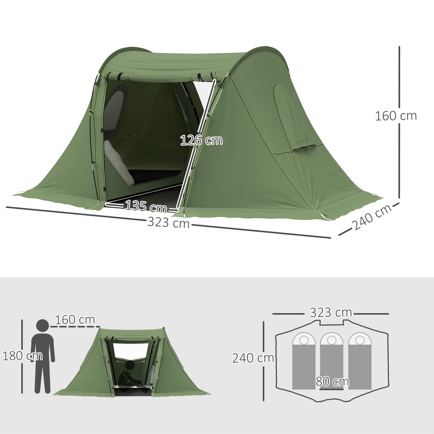 3 Man Camping Waterproof Family Tent with Living Area and 2 Bedrooms, 3000mm with Sewn-in Groundsheet, Portable with Bag for Hiking, Festival