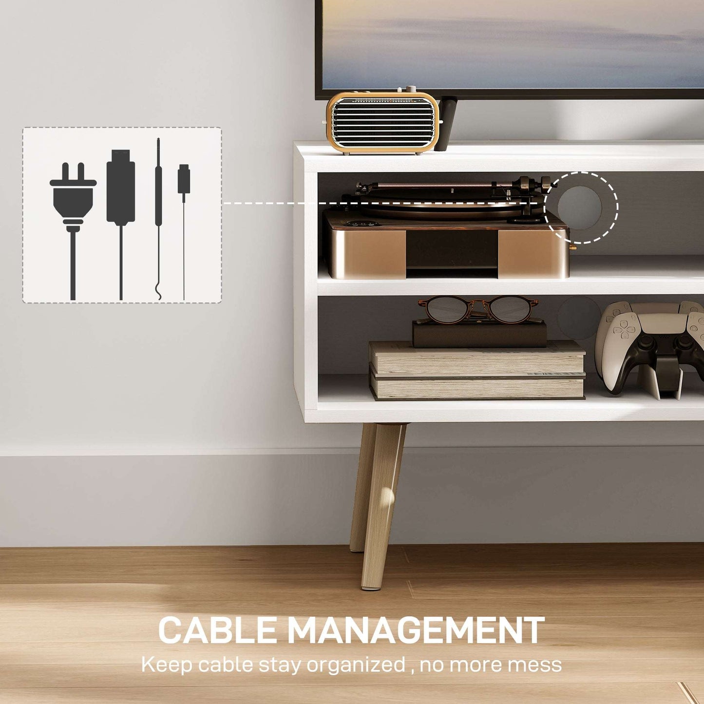 TV Stand up to 55 Inches, TV Unit with Open Shelves and Cable Holes - White / Brown