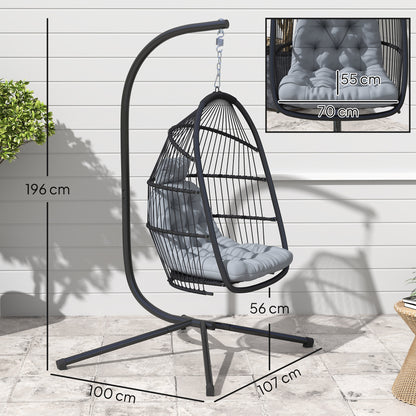 Outsunny Rattan Hanging Egg Chair with Stand, Foldable Wicker Swing Egg Chair with Cushion, Head Pillow, Steel Frame, Hammock Chair