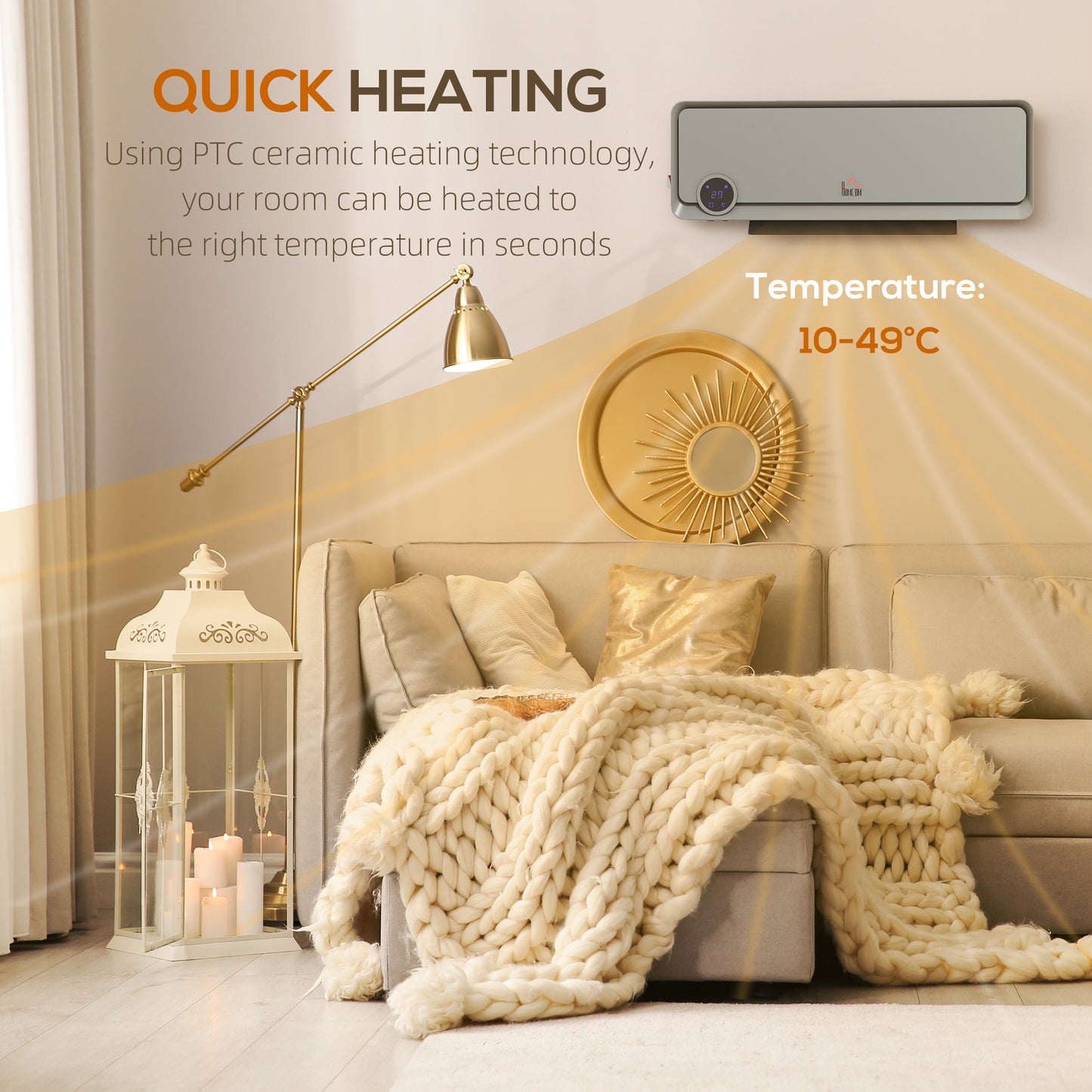 Wall Downflow Heater 2 Heat and Fan 1000W/2000W, Electric Space Heater with Timer Remote Oscillating, for Bedroom Home Office, Grey
