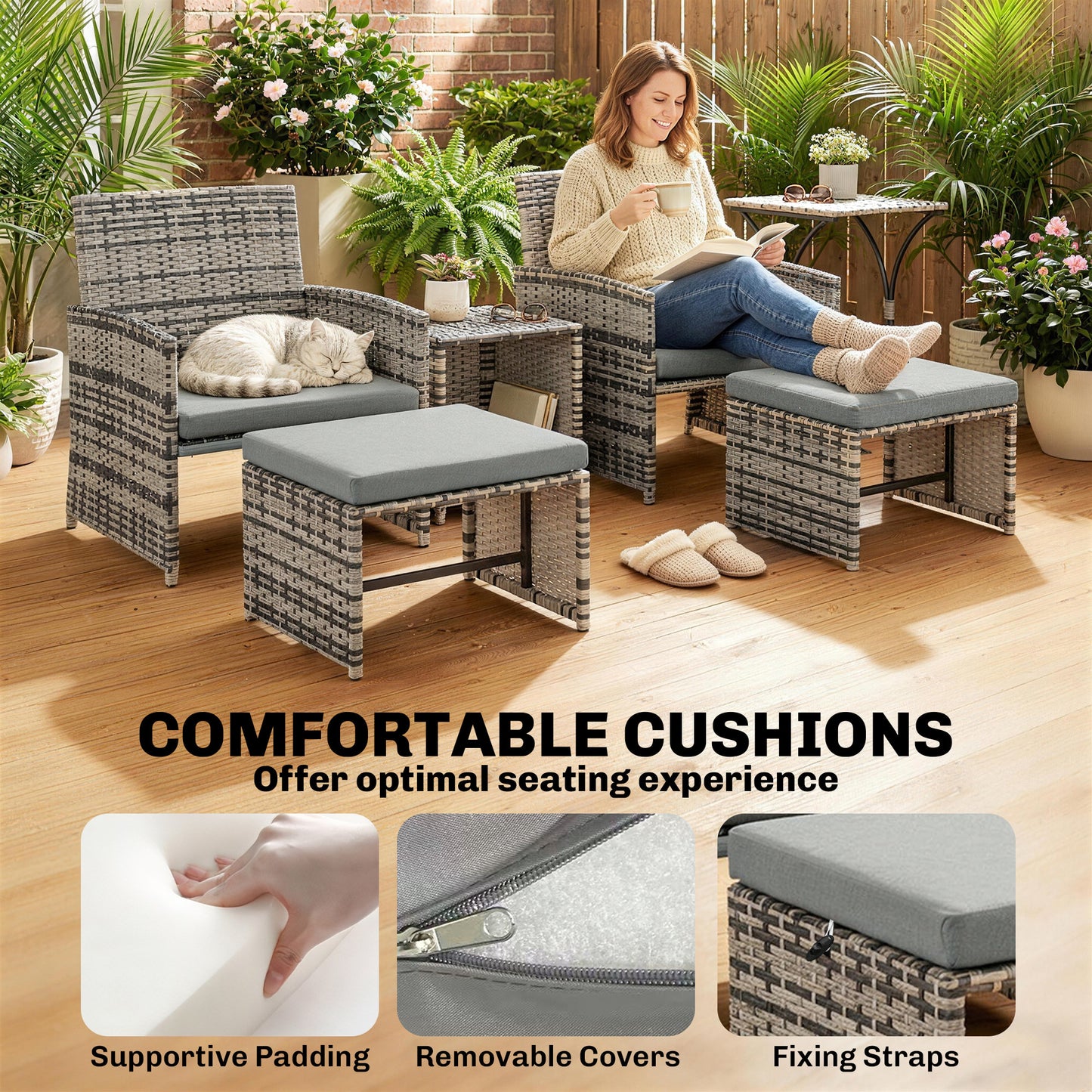 6-Piece Space-Saving PE Rattan Garden Furniture Set | 2 Armchairs | 2 Footstools | 2 Nesting Tables | UV-Resistant Rattan | Powder-Coated Steel | 5cm Zip Cushions | Fixing Straps | 120kg Capacity | Grey